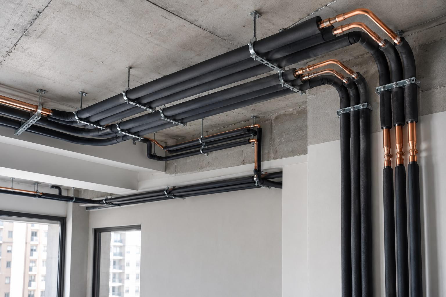 Tubulação frigorígena em cobre e linhas isoladas fixadas no teto de um pavimento em obra